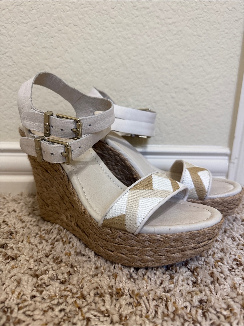 Elliott Lucca Cream and Tan Wedge Espadrille Sandals